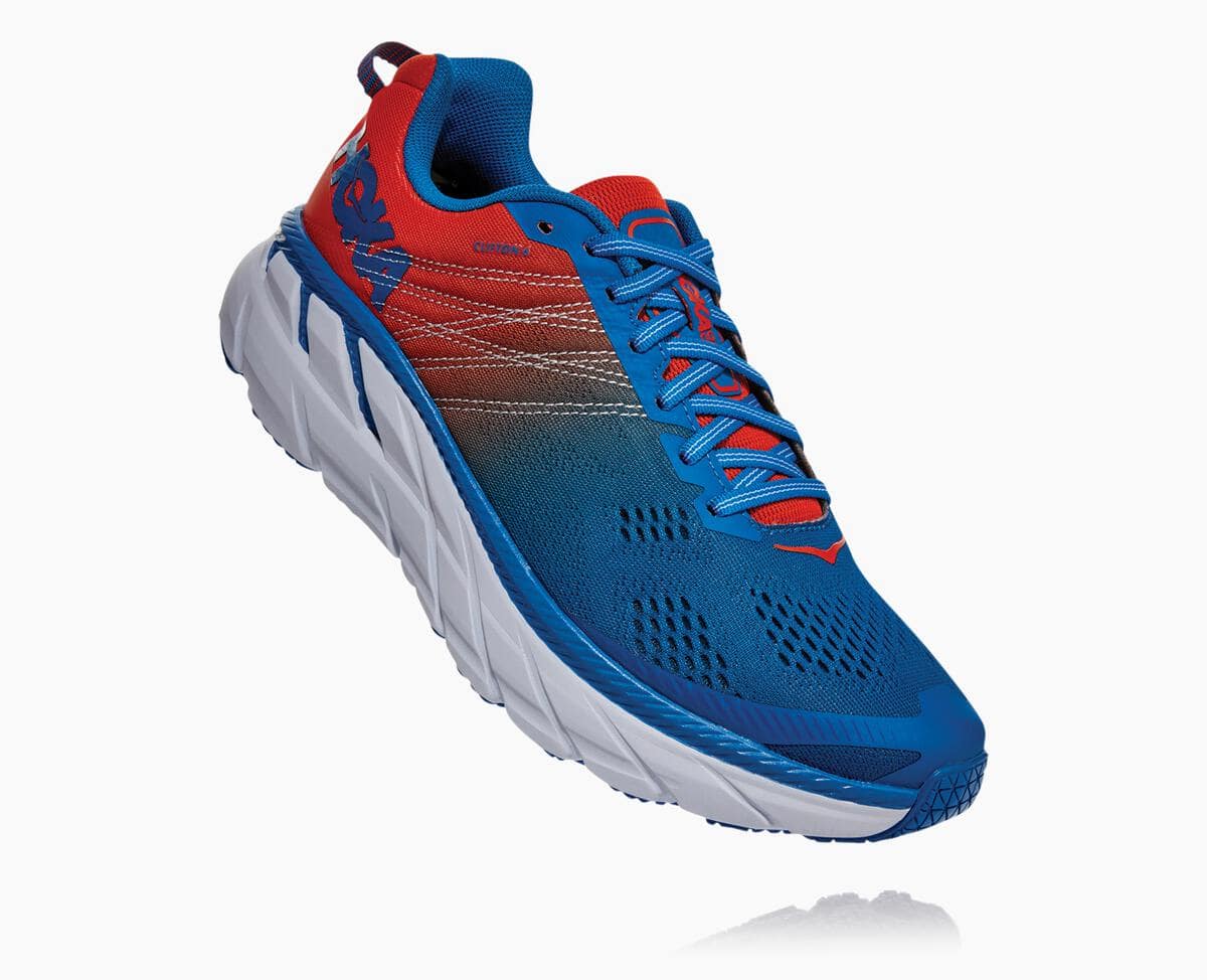 Hoka One One Clifton 6 Wide Men\'s Road Running Shoes Mandarin Red/Imperial Blue | 08421XKQJ